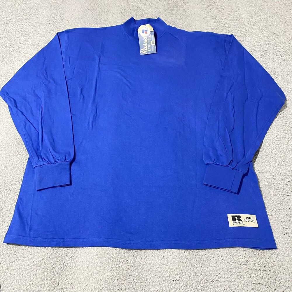 Vintage Russell Athletic Mock Neck Shirt Mens XL Blue Pro Cotton Blank NEW